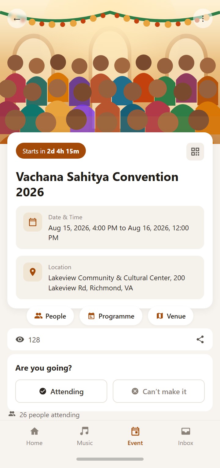 Event detail screen with date, venue, countdown, and RSVP buttons