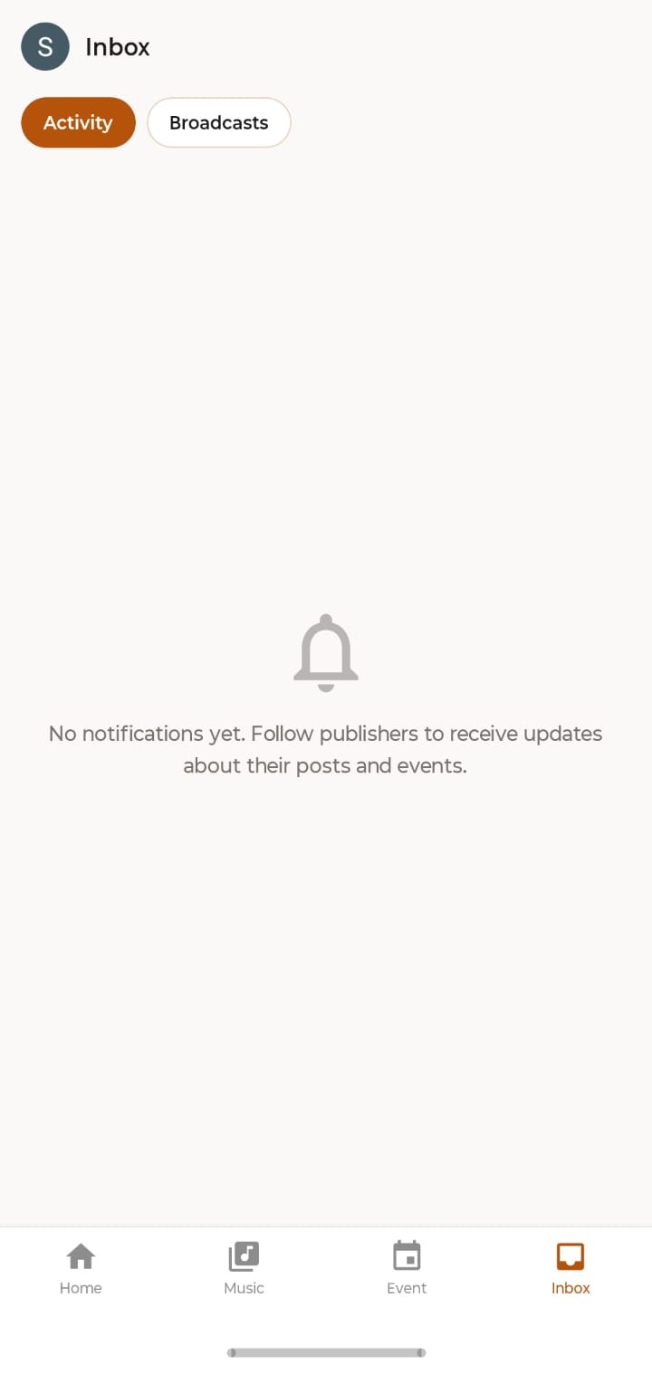 Inbox screen with Activity and Broadcasts tabs