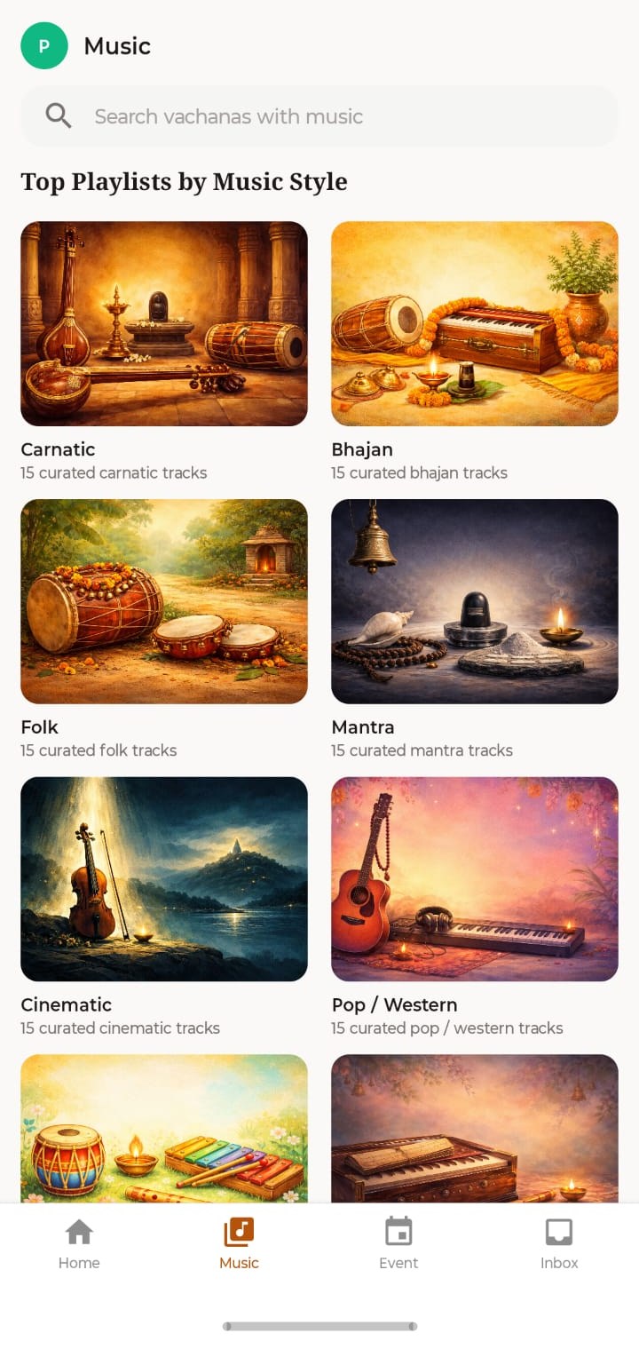 Music screen with curated vachana playlists by style: Carnatic, Bhajan, Folk, Mantra, and more